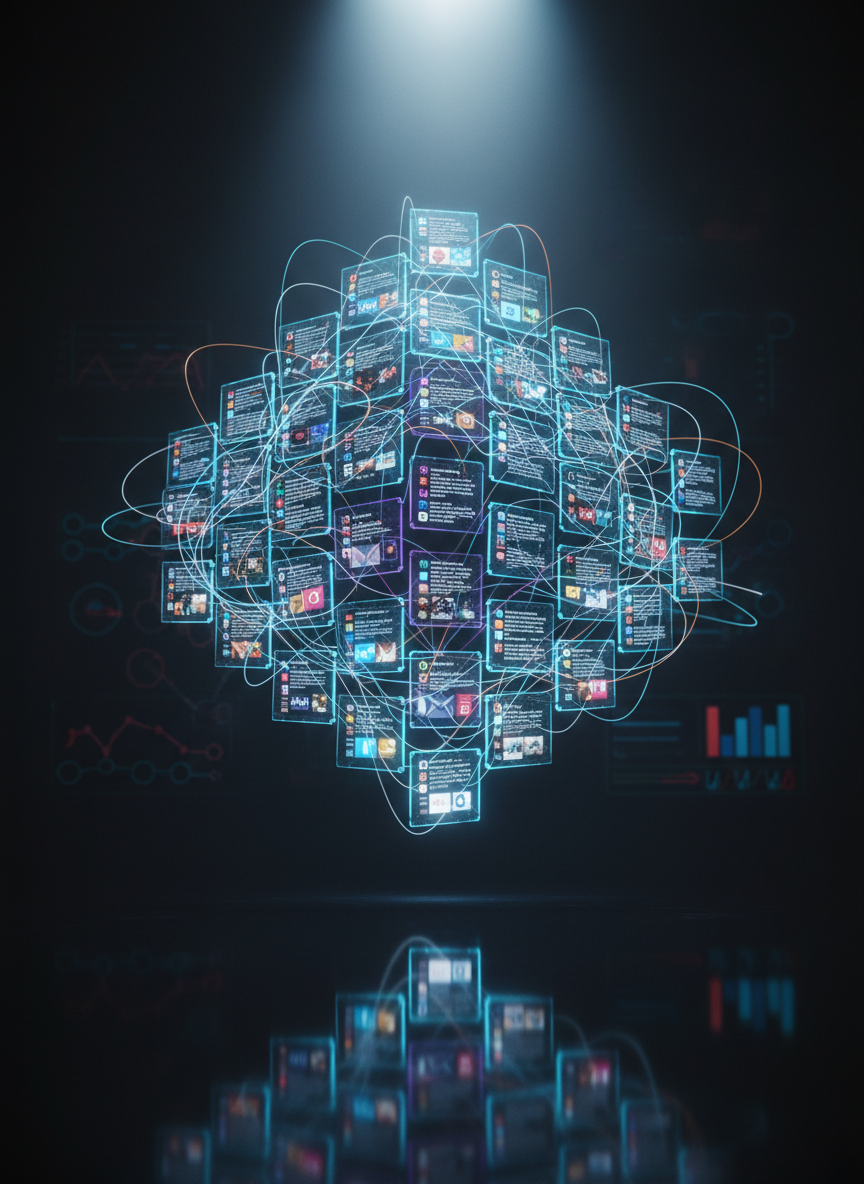 A dark, cinematic photographic scene of a glowing, three-dimensional digital hive suspended above a sleek black surface, each hexagonal cell filled with tiny animated content thumbnails: articles, videos, social posts, and email layouts. Thin luminous lines connect cells, forming a complex network that suggests strategy and automation. The background fades into deep charcoal, with only faint suggestions of abstract charts and arrows. A cool, focused spotlight from above creates a halo of light around the hive, while the lower edges fall into soft shadow, emphasizing depth. Captured from a slightly low angle, the hive dominates the frame with asymmetrical balance, giving it monumental presence. The mood is futuristic, bold, and intensely strategic, expressing the power of an intelligently managed content ecosystem.