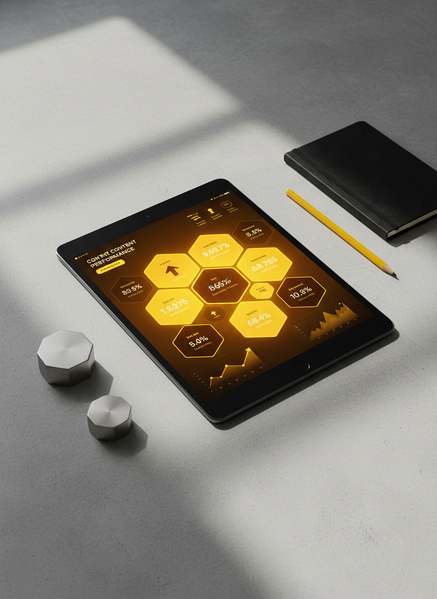 An ultra-clean, photographic scene of a matte black tablet on a smooth concrete surface, its bezel razor-thin and its screen displaying a vibrant content performance dashboard styled like a digital hive. Hexagonal widgets pulse in bright yellows and deep oranges, each showing engagement metrics, visibility scores, and growth curves. Surrounding the tablet are minimalist props: a metallic hexagon paperweight, a single bright yellow pencil, and a slim black notebook embossed with a subtle hive pattern. Soft, directional daylight from a nearby window gently washes across the scene, creating smooth gradients and crisp but gentle shadows. Shot from a slightly elevated angle with sharp focus throughout, the composition feels controlled, analytical, and high-end. The atmosphere is confident and data-driven while still visually striking and creative.