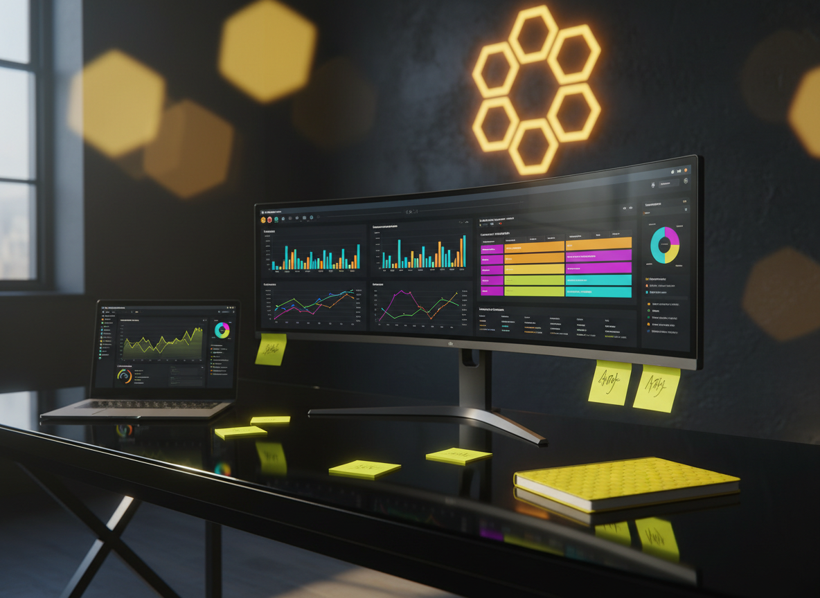 A bold, hyper-modern desk workspace styled as a command center for creative marketing strategy. A sleek black glass desk holds a large ultra-wide monitor displaying vivid analytics dashboards and colorful content calendars, flanked by a matte charcoal laptop with vibrant graphs on screen. Neon-yellow sticky notes and a bright honeycomb-patterned notebook add electric accents. Behind, a dark wall features a giant illuminated hexagonal logo resembling a digital hive. Dramatic side lighting from an unseen window creates sharp contrasts and reflections on the glass surface, emphasizing intensity and focus. Shot at eye level with a shallow depth of field, the foreground devices are in razor-sharp photographic focus while the glowing hive wall blurs into a powerful, energetic bokeh. The mood is bold, high-tech, and relentlessly results-driven.