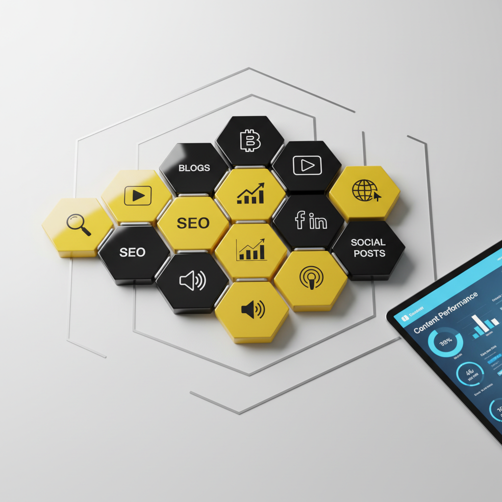 A close-up, photographic overhead scene of a honeycomb-shaped arrangement of glossy black and bright yellow content tiles on a pristine white tabletop, each tile displaying crisp icons for blogs, videos, social posts, and SEO. Thin metallic lines connect the tiles like a digital neural network, suggesting smart strategy. A tablet rests to the side, its screen glowing with a bold content performance dashboard. Cool, diffused studio lighting from above creates soft, defined shadows and gentle specular highlights on the tiles, reinforcing depth and precision. The composition follows the rule of thirds, with the hive pattern dominating the center, framed by negative space for a clean, modern aesthetic. The atmosphere feels organized, strategic, and powerfully efficient, embodying a well-orchestrated content ecosystem.