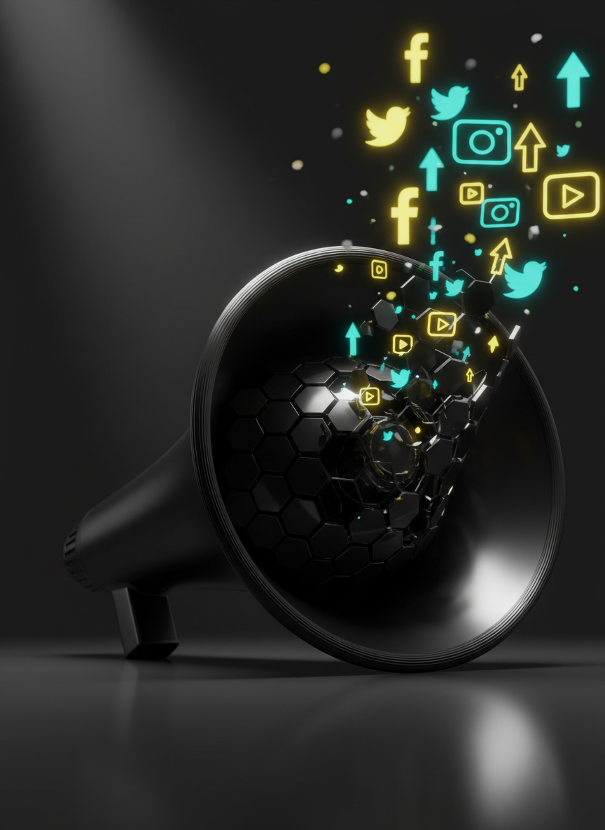 A dramatic, photographic close-up of a glossy black megaphone morphing seamlessly into a faceted honeycomb structure at its wide end, symbolizing amplified brand voice. The megaphone rests on a reflective graphite surface, its reflection subtly echoing the hive pattern. In the blurred background, luminous 3D icons of social platforms, play buttons, and upward arrows appear to emerge from the honeycomb, glowing in bold yellow and electric teal. A strong, directional spotlight from the upper left creates sharp highlights along the megaphone’s curves and crisp shadows that add intensity. Shot from a low, slightly angled perspective, the composition feels powerful and dynamic, with shallow depth of field isolating the subject. The mood is unapologetically bold and energetic, emphasizing visibility, reach, and impact.